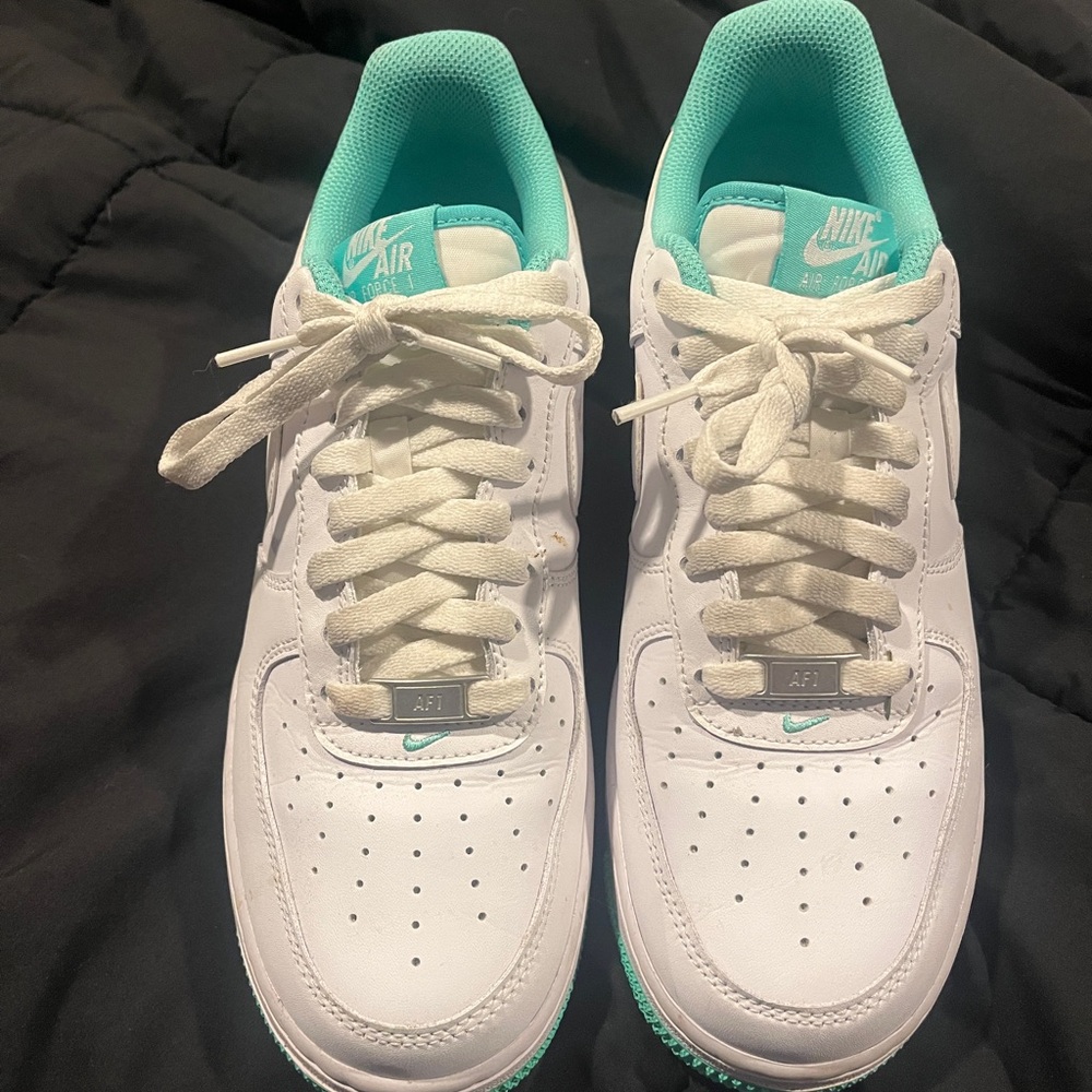 Nike Air Force 1 White and Aqua Sneakers
